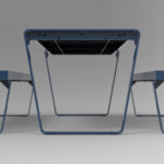 A modern blue metal table with two matching bench seats, viewed from the end against a plain gray background.