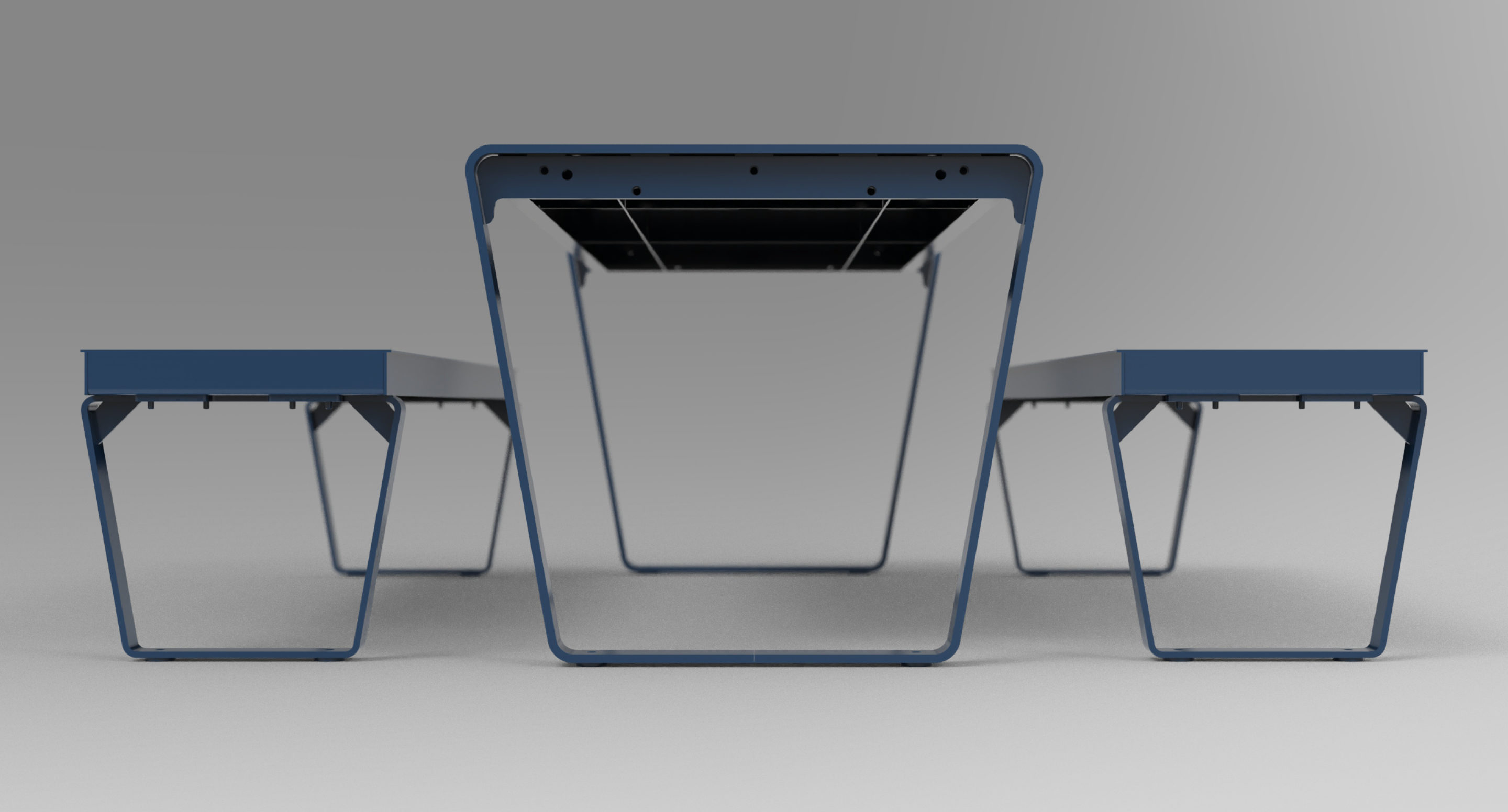 A modern blue metal table with two matching bench seats, viewed from the end against a plain gray background.