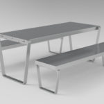 A modern, minimalist metal picnic table set with two matching benches, all featuring a sleek gray finish and simple geometric design, set against a plain background.