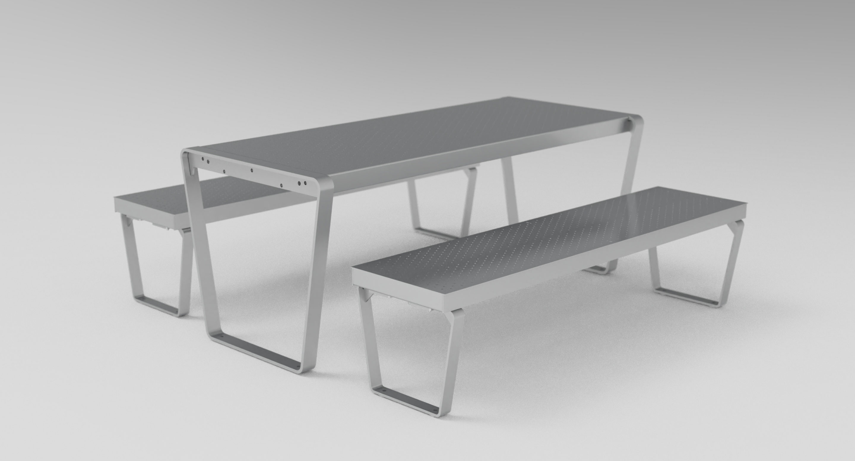 A modern, minimalist metal picnic table set with two matching benches, all featuring a sleek gray finish and simple geometric design, set against a plain background.