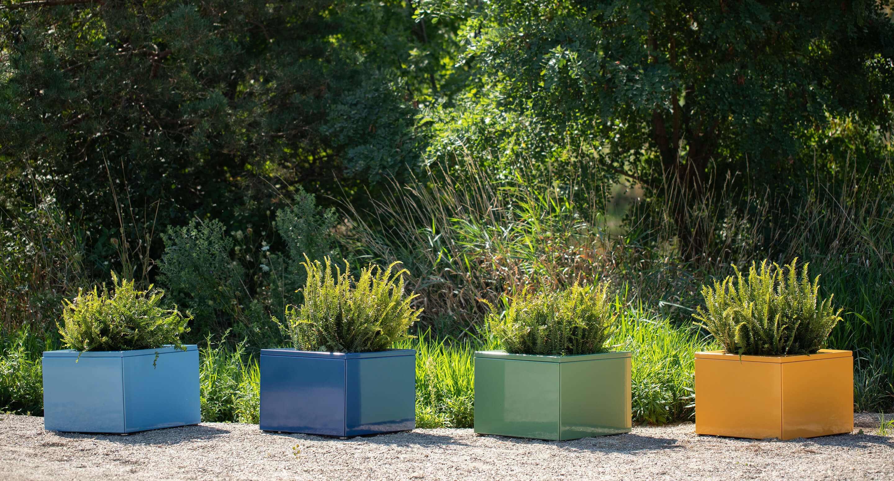 maglin_pixel-planters_3 Four square planters in blue, navy, green, and yellow hold green plants, arranged in a row on gravel with leafy trees in the background.