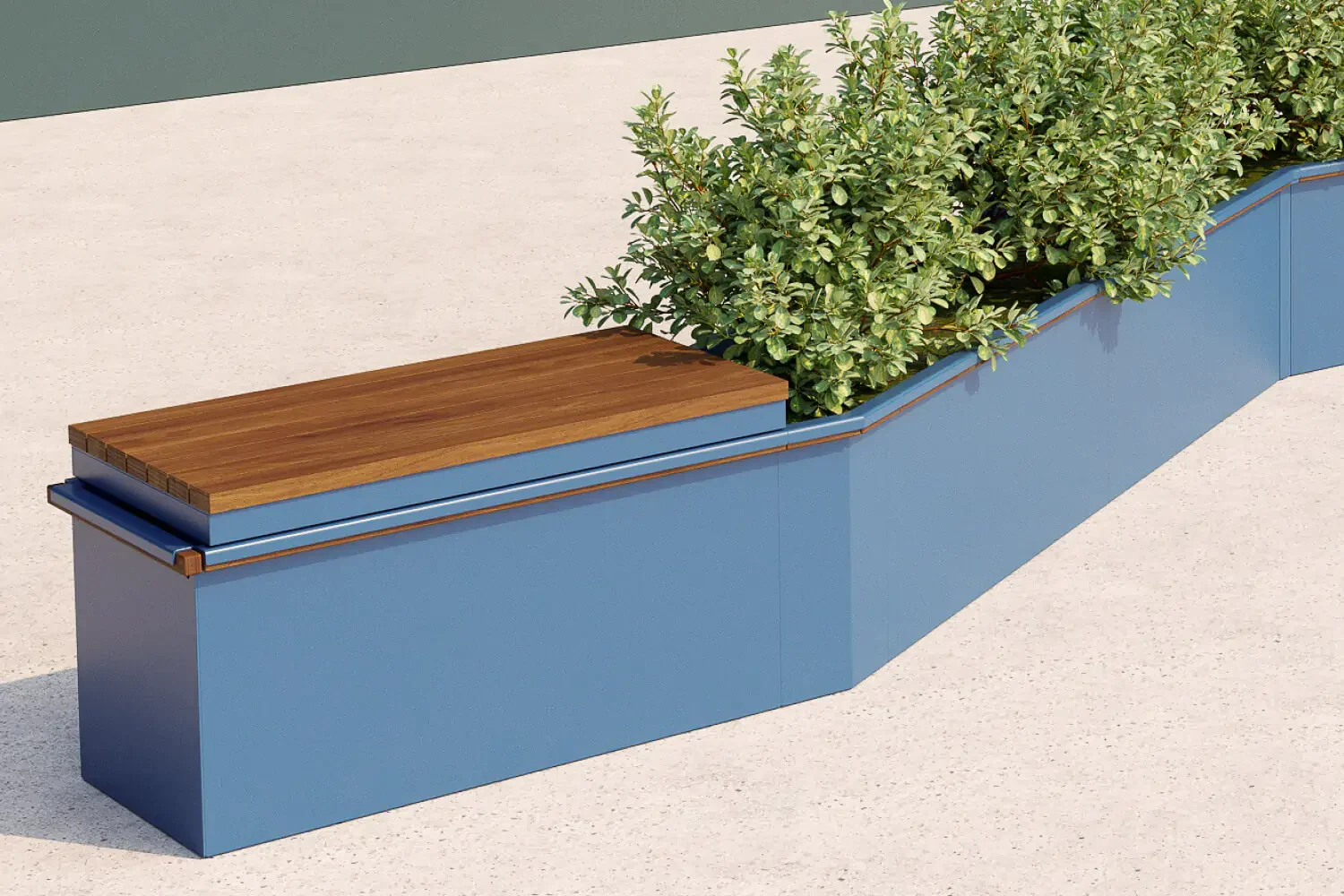 Une jardinière bleue moderne de la collection CANOE, avec des arbustes verts, comporte un banc en bois intégré sur une surface en béton clair.