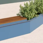 Une jardinière bleue moderne de la collection CANOE, avec des arbustes verts, comporte un banc en bois intégré sur une surface en béton clair.
