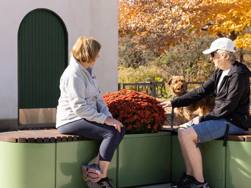 Two people sit on a bench near orange flowers, with one petting a small brown dog. Trees with orange leaves are in the background.