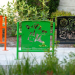 Custom artwork bike racks in bright colors