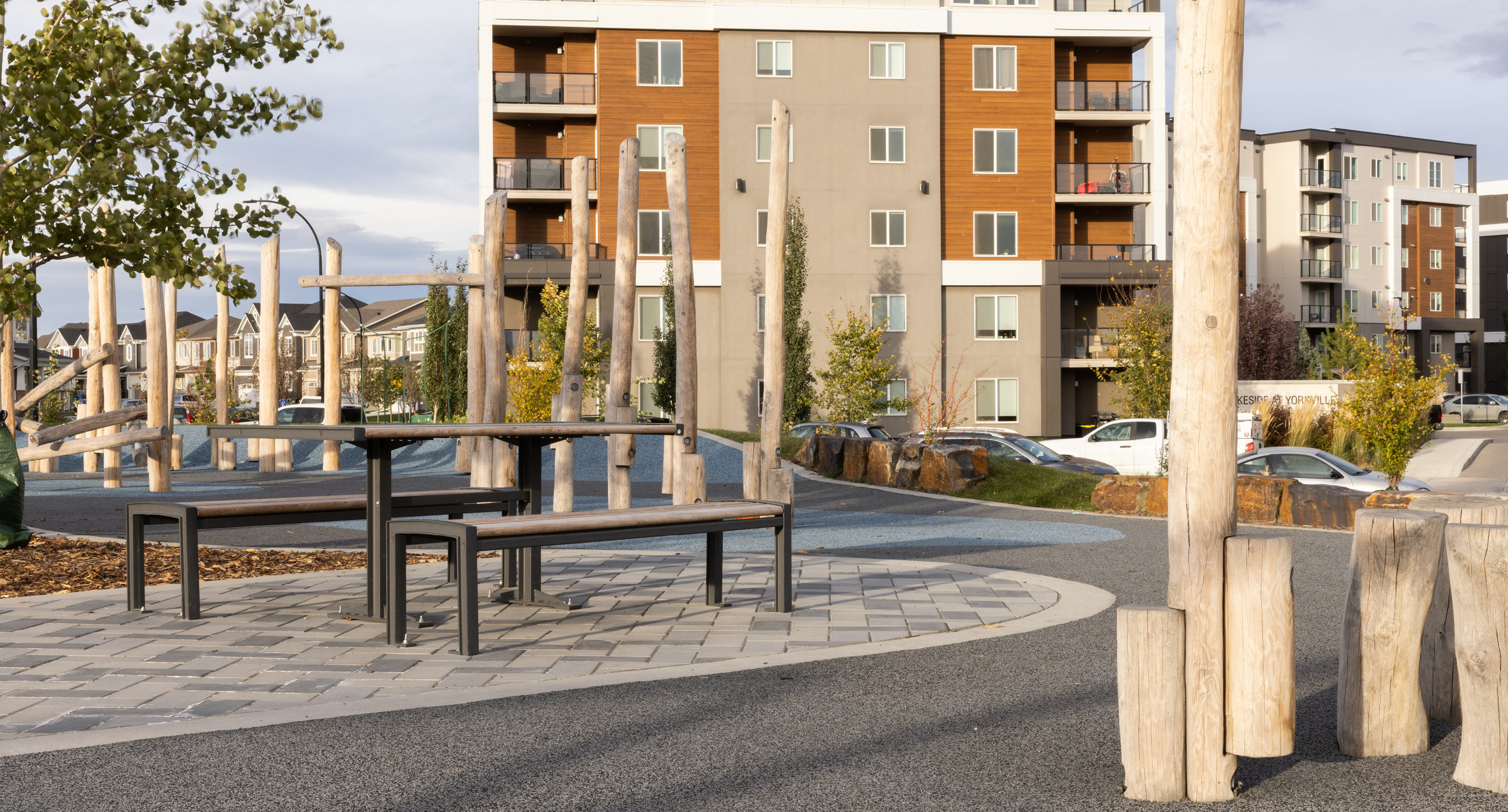 720 tables and benches in park with wood beams and building