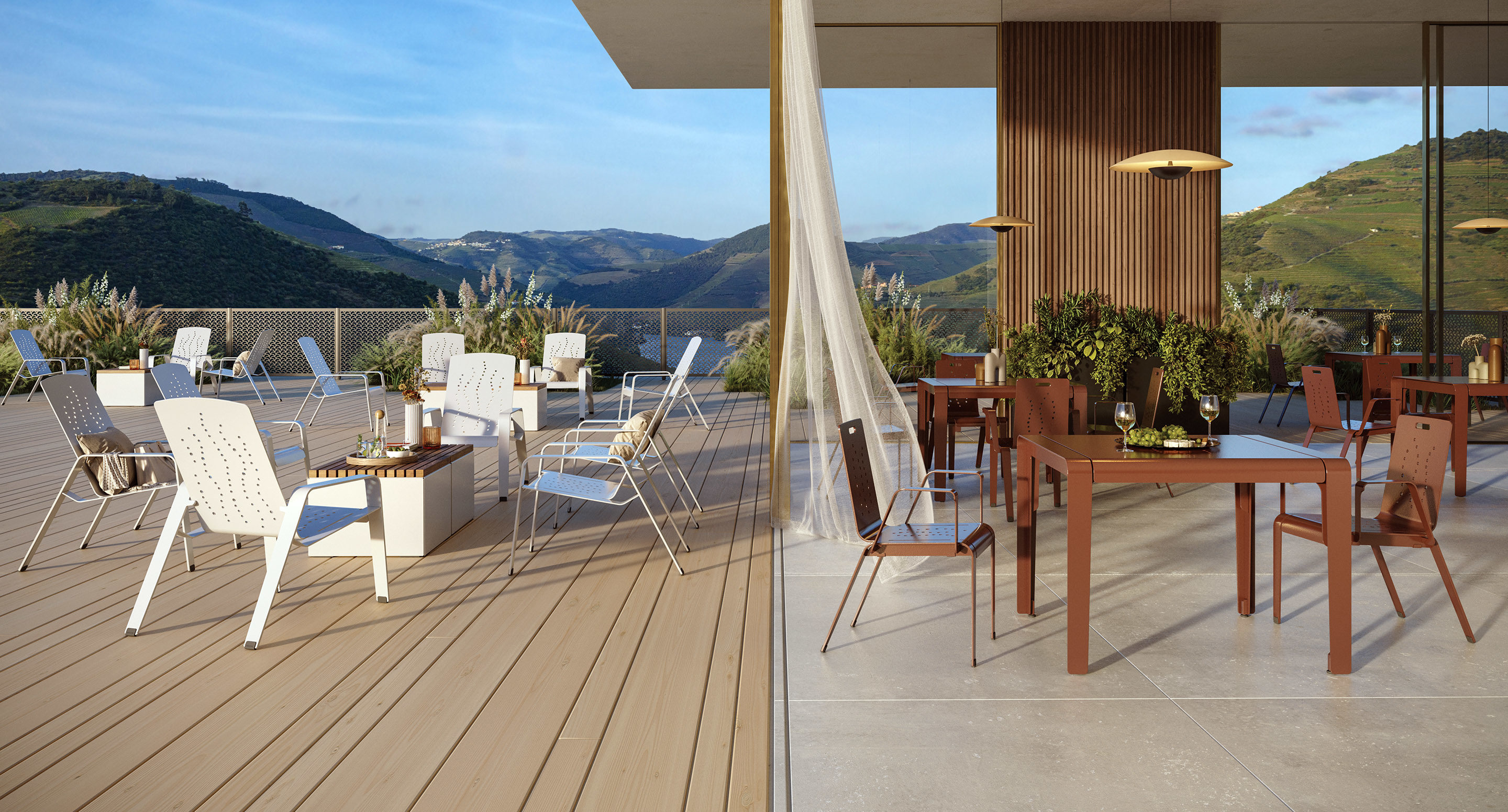 Outdoor patio with white lounge chairs, tables, and brown dining set overlooking green hills under a blue sky; plants and modern decor complete the scene.