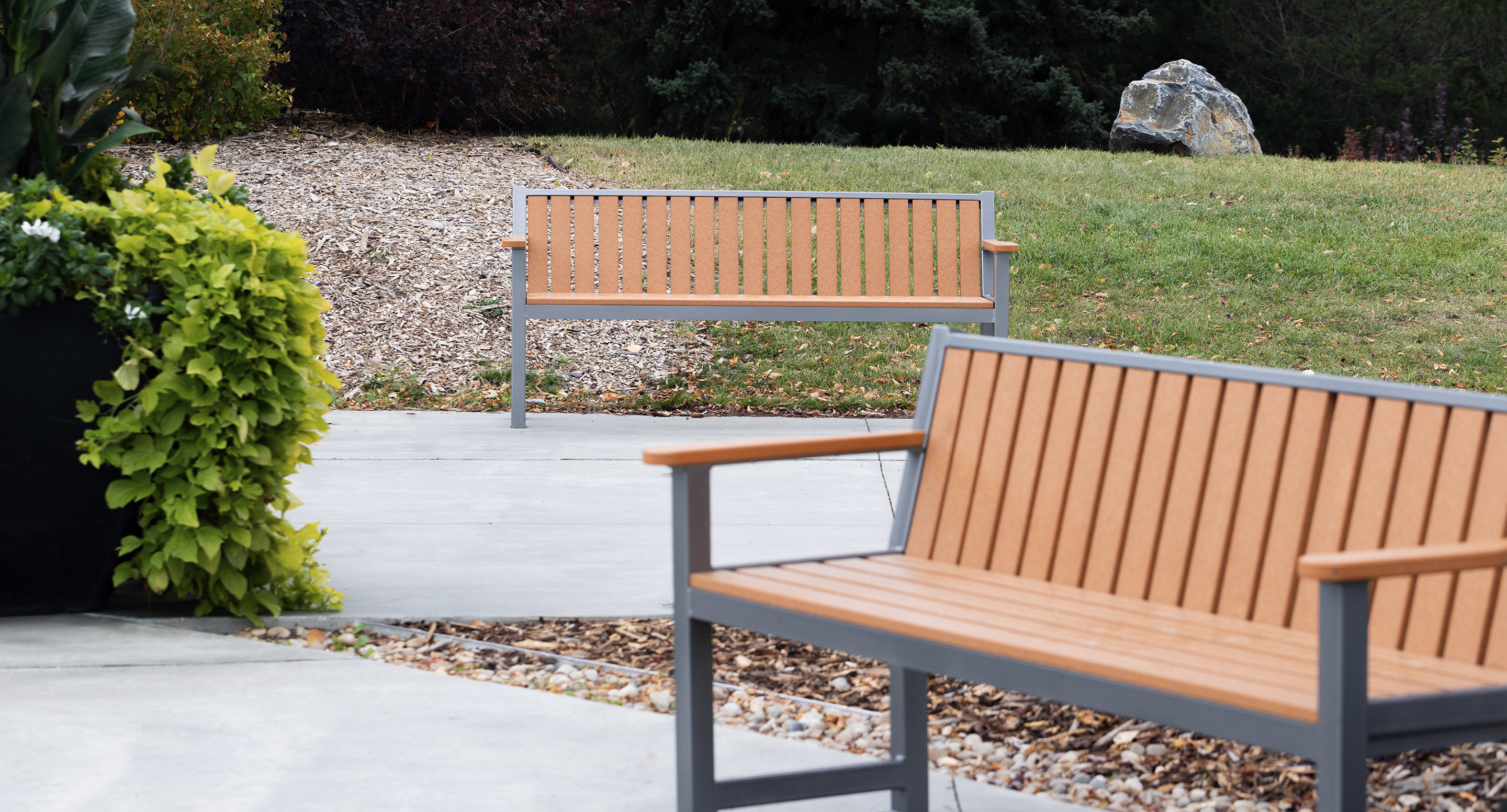 Two empty wooden benches with metal frames are placed on a paved path in a landscaped outdoor area with grass, mulch, and greenery.
