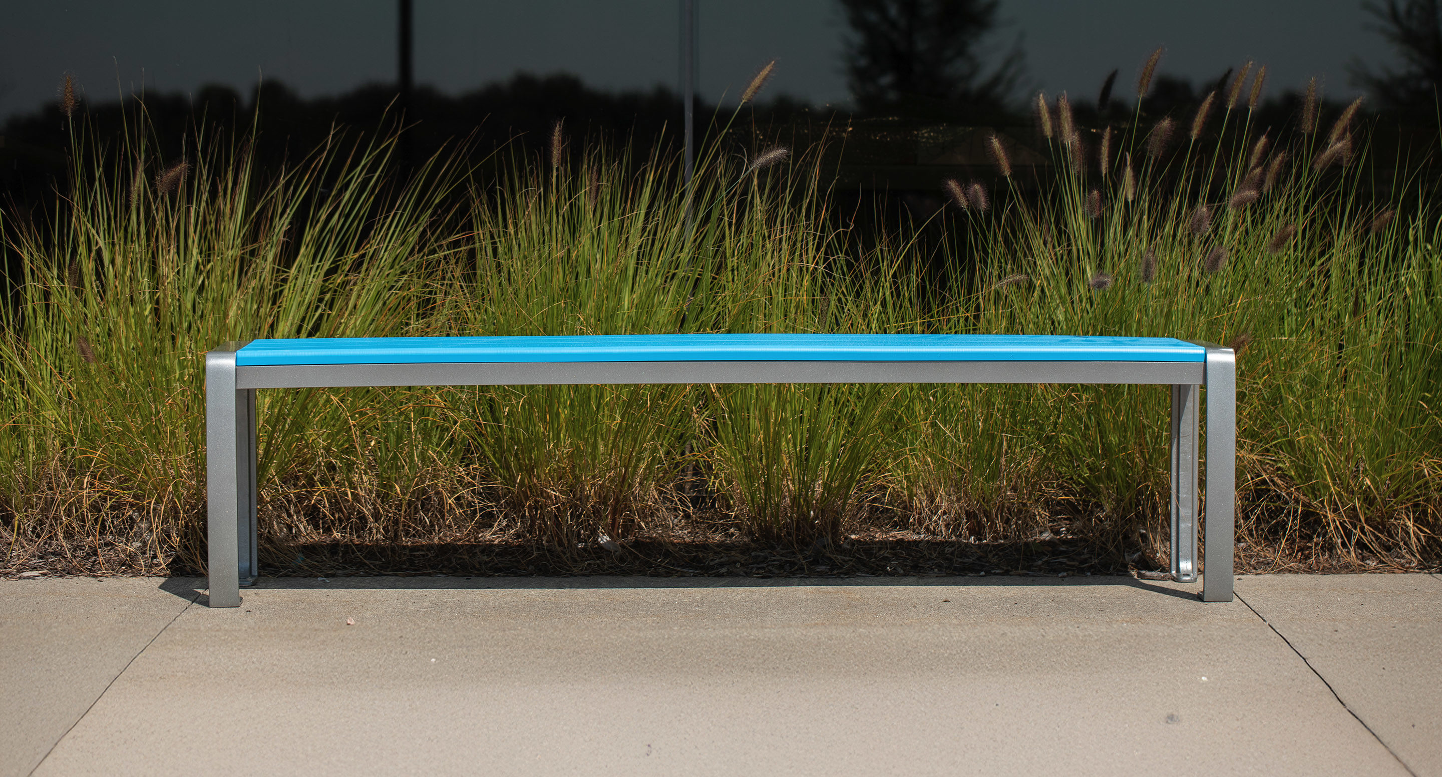 A modern metal bench with a blue seat is placed on a concrete surface in front of tall ornamental grasses.