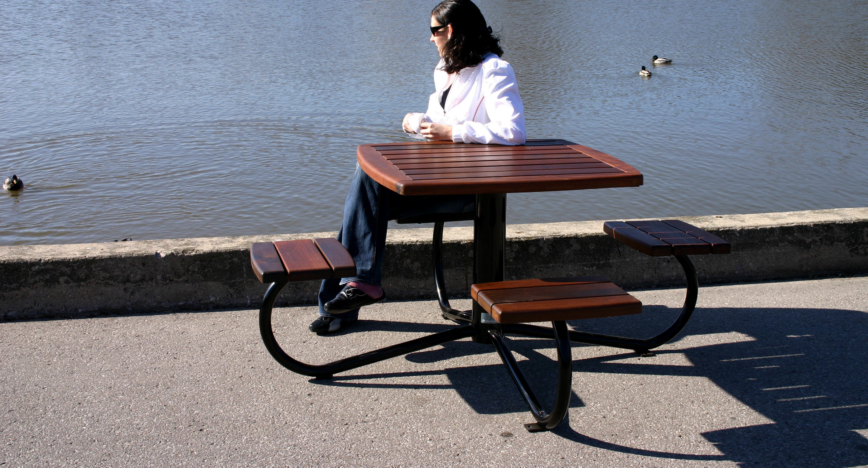 Une personne assise seule à une table de pique-nique en bois près d'un plan d'eau, face à des canards qui nagent en arrière-plan.