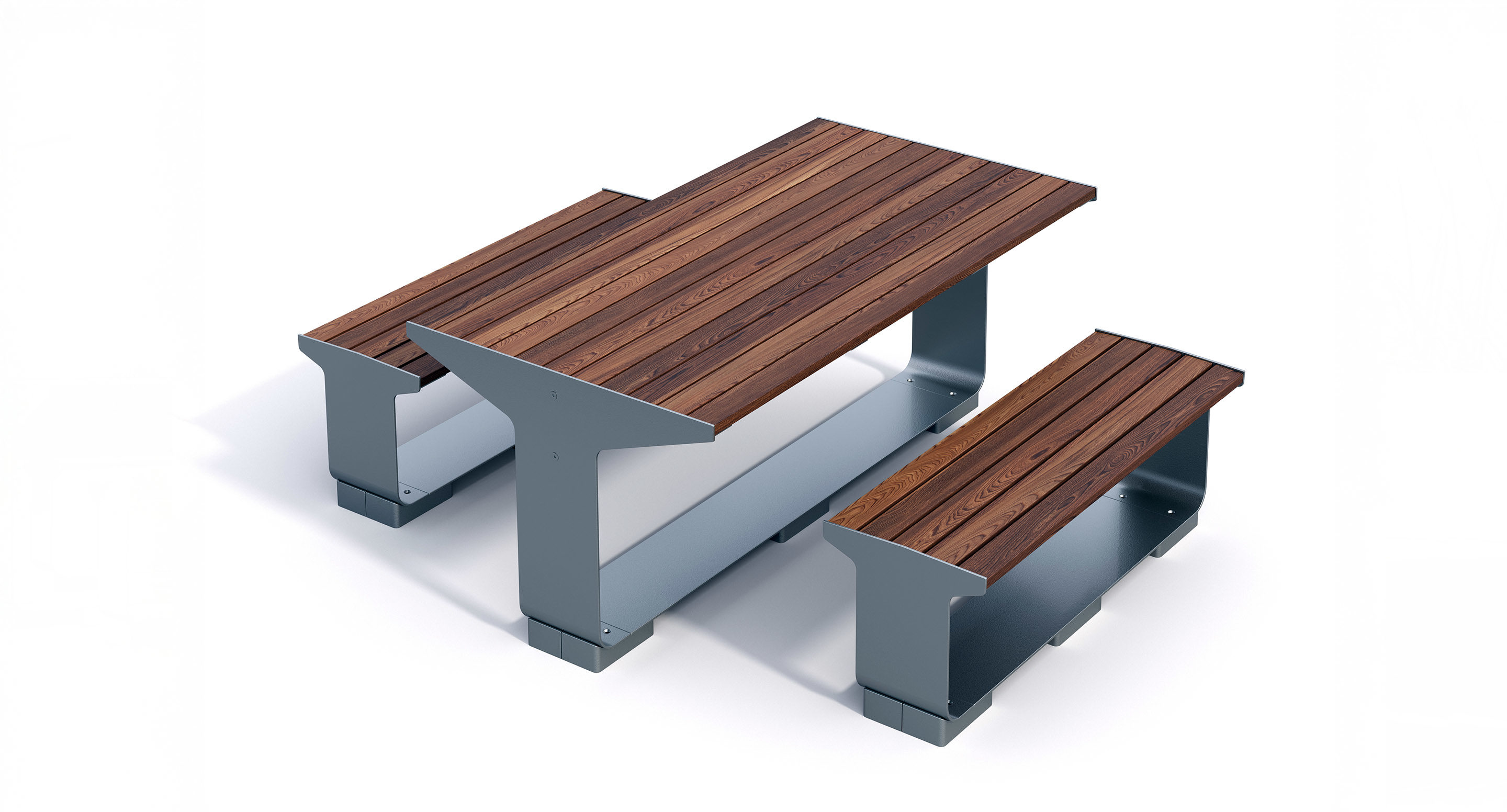 maglin_mtb-3000-l-series-tables-3 A modern outdoor picnic table set with two benches, featuring wooden slats and metal frames, placed on a white background.
