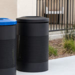 Two black outdoor trash bins stand side by side on a sidewalk; one has a blue lid, and landscaping with grass is visible behind them.