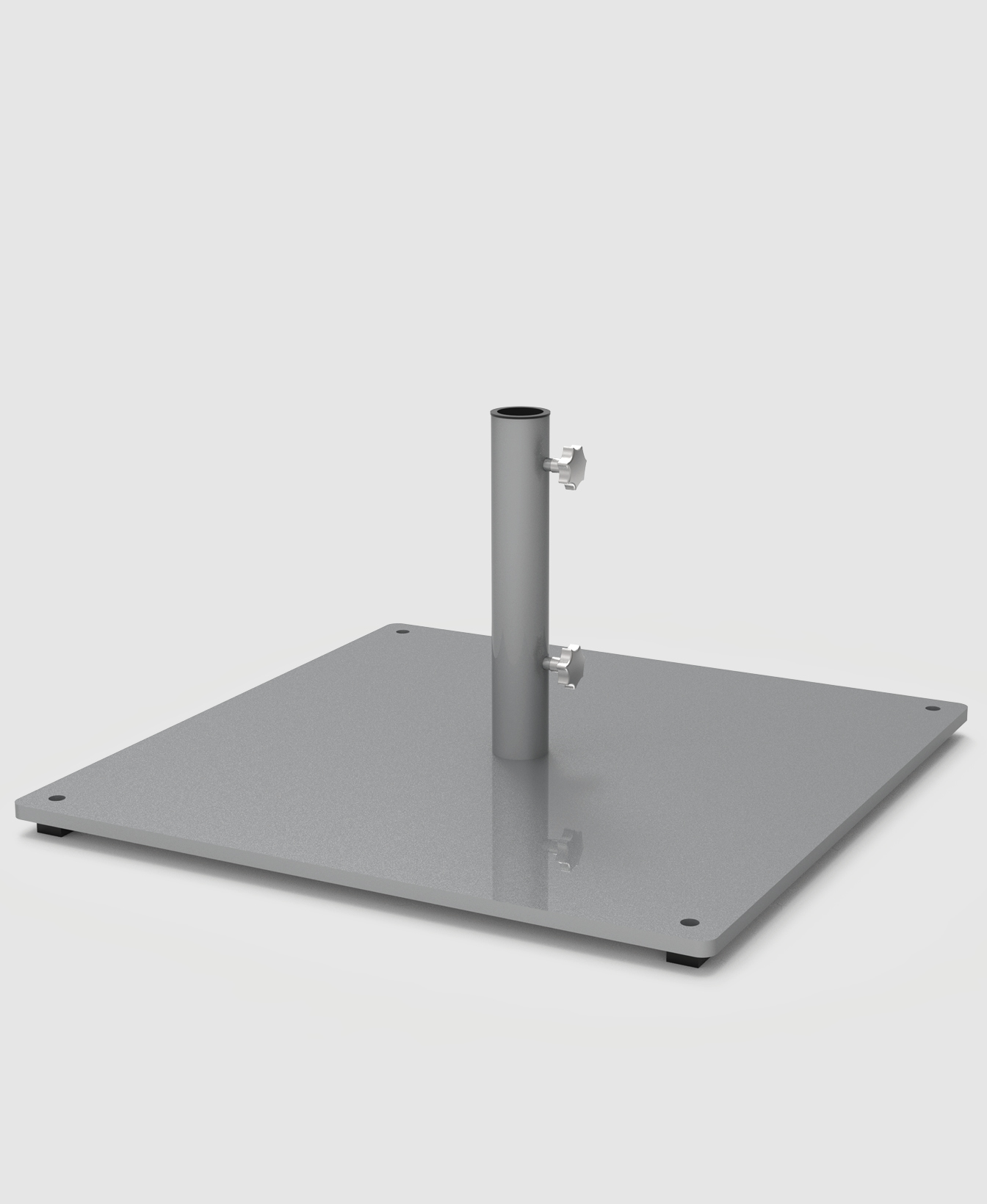 La Base de parasol carrée 2400 se compose d'une base métallique carrée avec un mât cylindrique vertical et deux vis de serrage, destinée à supporter ou à fixer un autre objet.