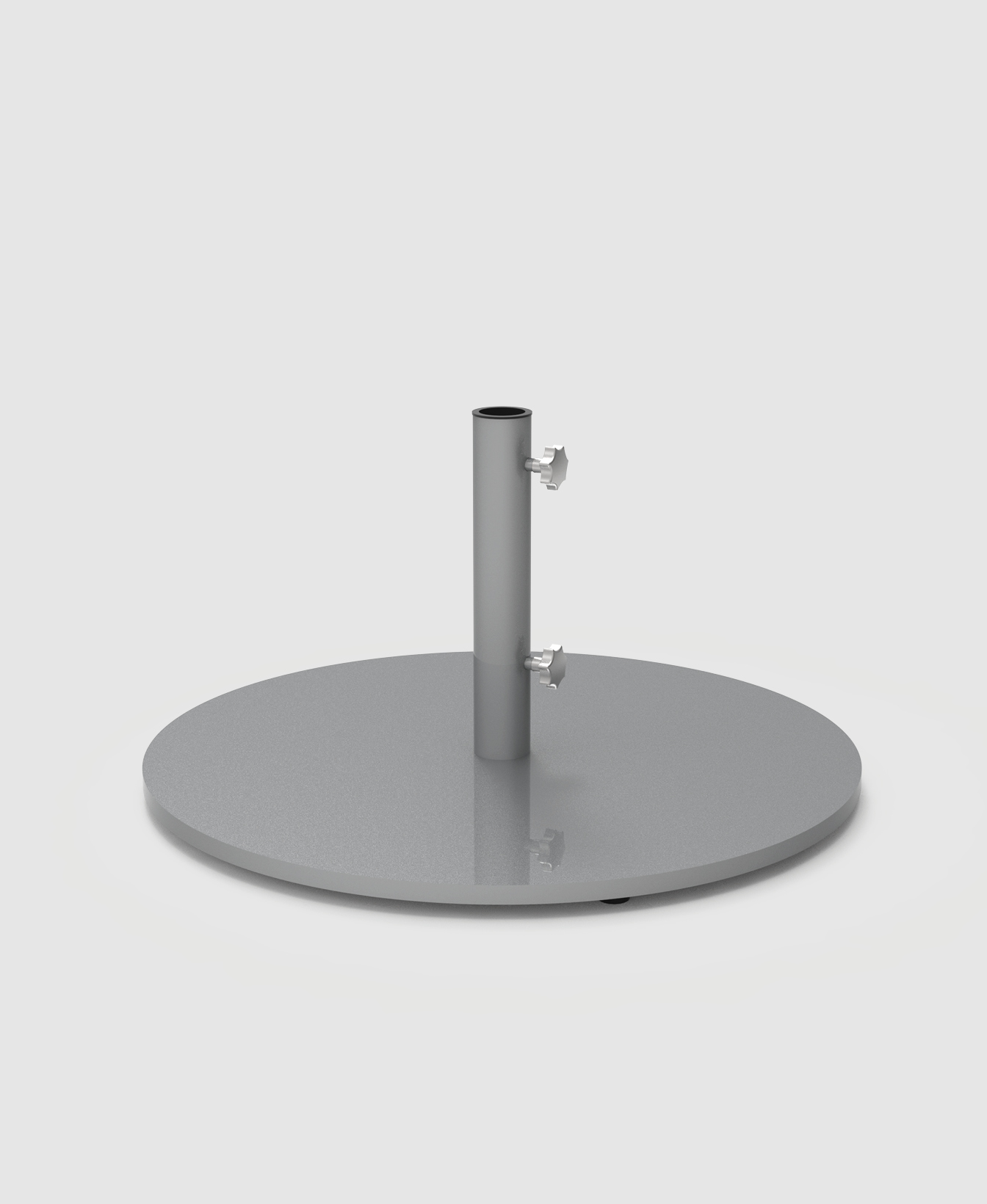 La Base de parasol ronde 2400 est une base de parasol ronde, plate, en métal gris avec un tube central et deux boutons de serrage, présentée sur un fond blanc uni.