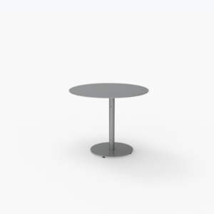 A round, gray metal table with a single central pedestal base, set against a plain white background.