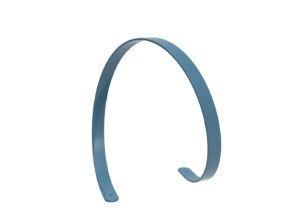 A blue, curved metal band forms an arch with flat ends, each featuring two holes, positioned on a white background.