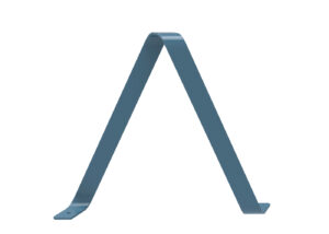 A blue metal bracket bent into an inverted V-shape with flared ends, one of which has a hole.