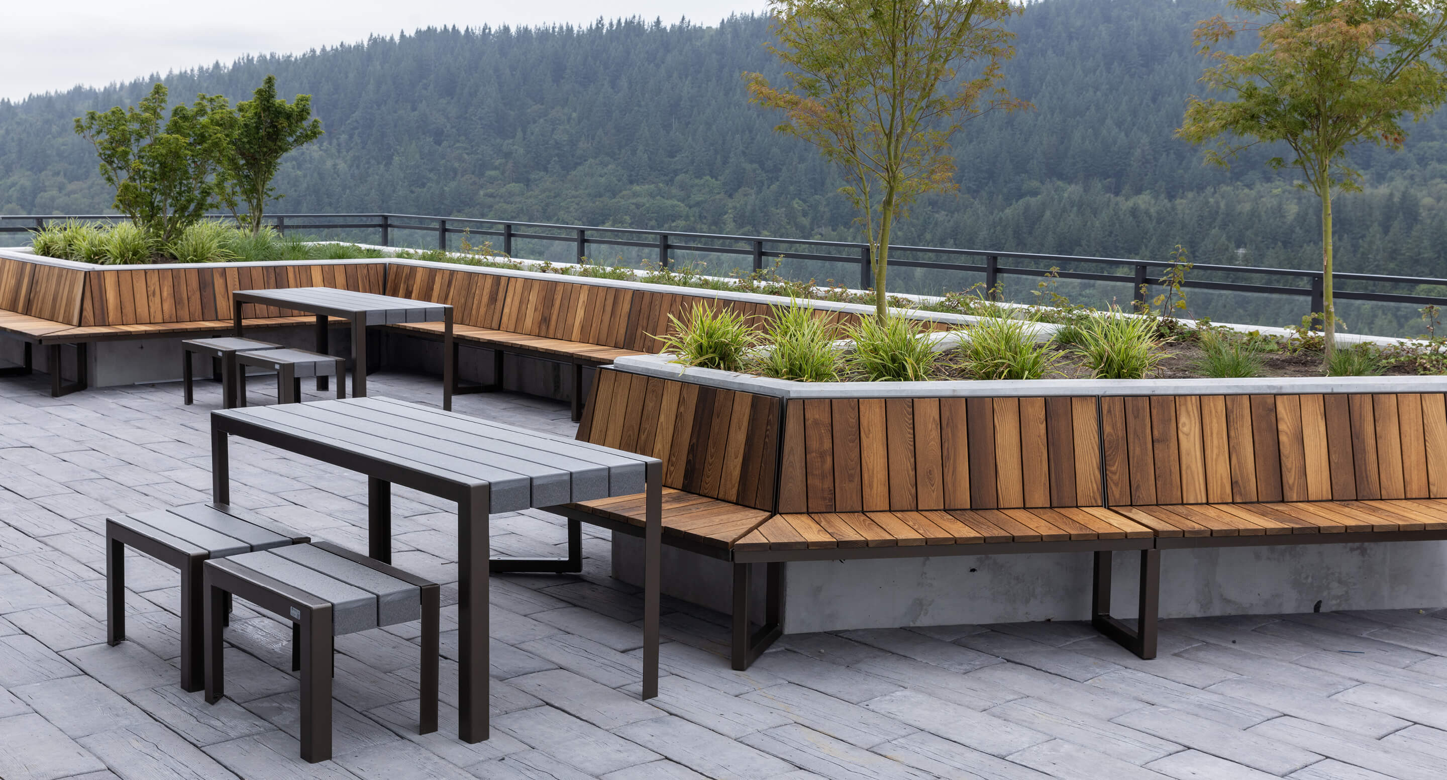 Un patio sur le toit de la Collection Ogden, avec des bancs en bois, des jardinières et des tables en métal, donne sur une colline boisée en arrière-plan.