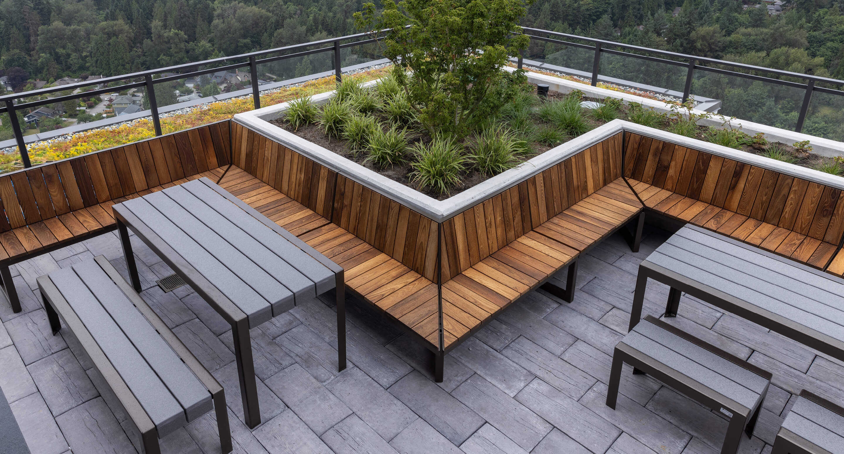 maglin-tables-seating-1050-ogden-alina Rooftop patio with wooden benches, metal tables, and a central raised planter with greenery, surrounded by glass railing and overlooking a forested area.