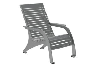 A gray outdoor lounge chair made of horizontal slats with armrests and slightly curved legs.