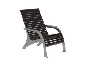 A modern chair with dark wooden slats and a gray metal frame, featuring a reclining backrest and armrests.