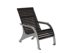 A metal and dark wood outdoor lounge chair with horizontal slats, angled backrest, and armrests, shown on a white background.