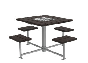 Une table de pique-nique avec des bancs.