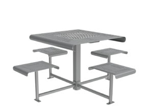 Table de pique-nique d'extérieur en métal gris avec quatre sièges carrés attachés et un plateau de table carré, tous dotés de surfaces à lattes.