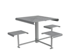 Table en métal avec trois sièges attachés, tous dotés de surfaces à lattes et d'un design industriel minimaliste.