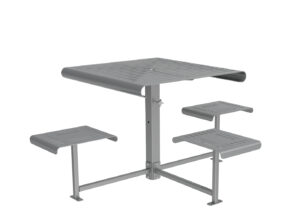 Table d'extérieur en métal gris avec un auvent intégré et trois banquettes attachées, toutes dotées d'un design à lattes.