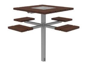 Table de pique-nique carrée en bois avec quatre sièges individuels attachés, soutenus par un poteau central et un cadre en métal.