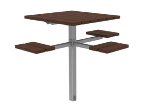 Table de pique-nique carrée murale avec une structure métallique et trois sièges en bois attachés, conçue pour des sièges compacts à l'extérieur.