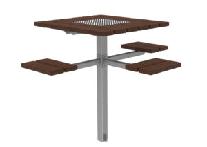 Table d'extérieur carrée avec quatre banquettes individuelles, soutenue par un poteau central et un cadre en métal, avec des lattes en bois sur le plateau et les sièges.