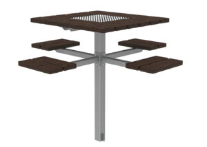 Table d'extérieur carrée avec gril intégré au centre, soutenue par un seul poteau métallique, et quatre banquettes attenantes en bois foncé.