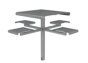 Table d'extérieur en métal avec un poteau central et quatre banquettes sans dossier, le tout dans une couleur grise assortie.