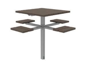 Square outdoor table with a central metal post and four attached bench seats, each supported by metal arms, with wood-like slats on the tabletop and seats.