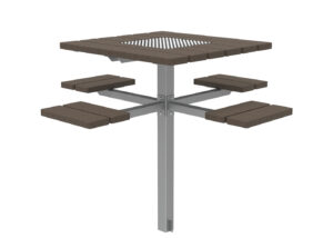 Square outdoor picnic table with a central metal post and four separate bench seats, each attached to metal supports. The tabletop and seats are made of dark brown slats.