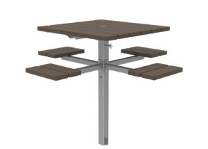 Square outdoor picnic table with a central metal post, four attached benches, and a hole in the center of the tabletop, all featuring brown slats and a silver frame.