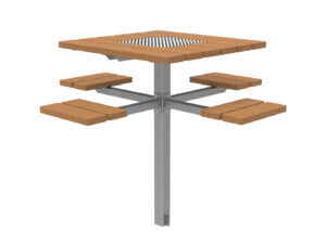 Table d'extérieur carrée avec un poteau central en métal, quatre sièges individuels attachés et une grille en métal au centre du plateau.