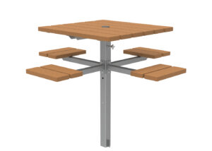 Table de pique-nique carrée avec des surfaces en bois et quatre banquettes attachées, le tout soutenu par un poteau central en métal.