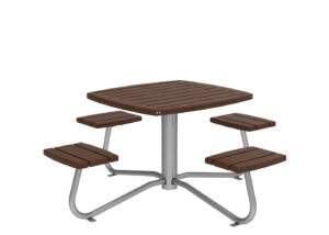 Square outdoor picnic table with a metal frame and four attached wooden bench seats, displayed on a plain white background.