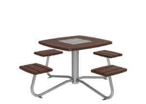 Square outdoor picnic table with a metal frame and four attached wooden bench seats, set on a central pedestal base.