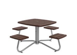 A square outdoor table with four attached bench seats, all made of brown slats and supported by a metal frame with a central pedestal base.
