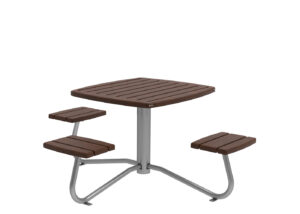 Square outdoor table with attached benches, featuring a metal frame and brown wooden slats for both the table surface and seats.