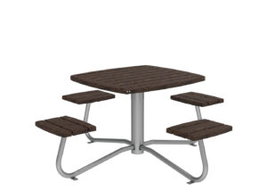Square outdoor table with four attached benches, each supported by metal legs. The tabletop and seats are made of dark brown wood, and the frame is silver metal. All items are on a white background.