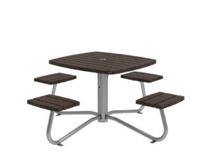 Square outdoor table with a metal base and four attached wooden seats, arranged around the table. The tabletop and seats have a slatted design.