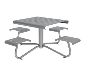 A square metal picnic table with four attached seats, all featuring a slatted design and supported by a central pedestal and angled legs.