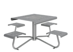 A square metal picnic table with four attached benches, all in a gray finish, designed for outdoor use.