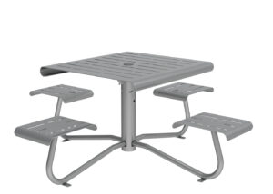 A square metal picnic table with four attached benches, all in a silver color, designed with slatted surfaces and a central support structure.