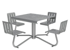 A square metal table with four attached metal chairs, all featuring a slatted design and supported by a central pedestal base.